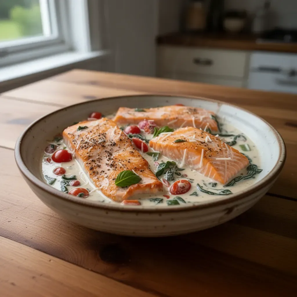 Creamy Tuscan Salmon dish featuring salmon fillet in a rich sauce