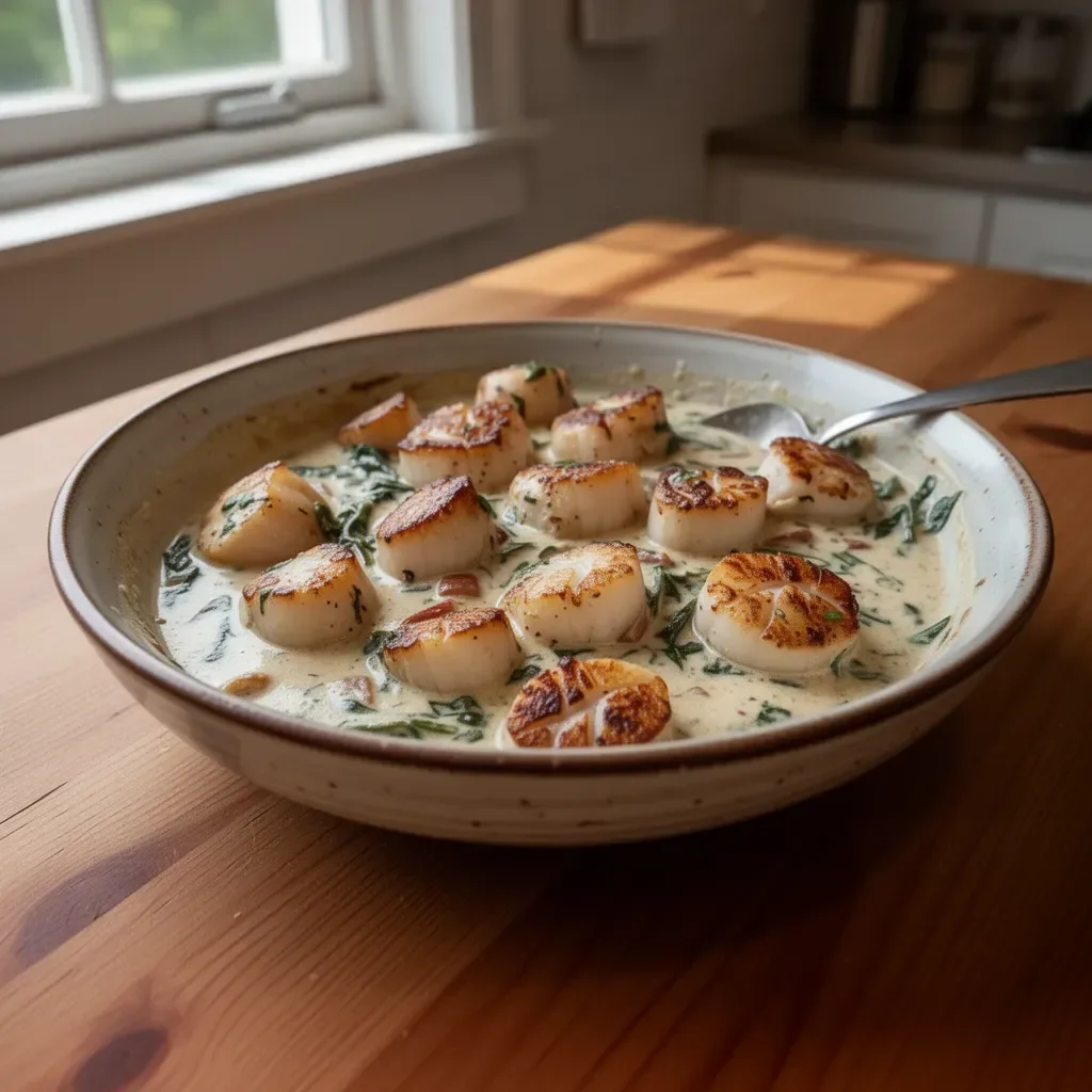 Delicious creamy Tuscan scallops served on a plate with rich sauce