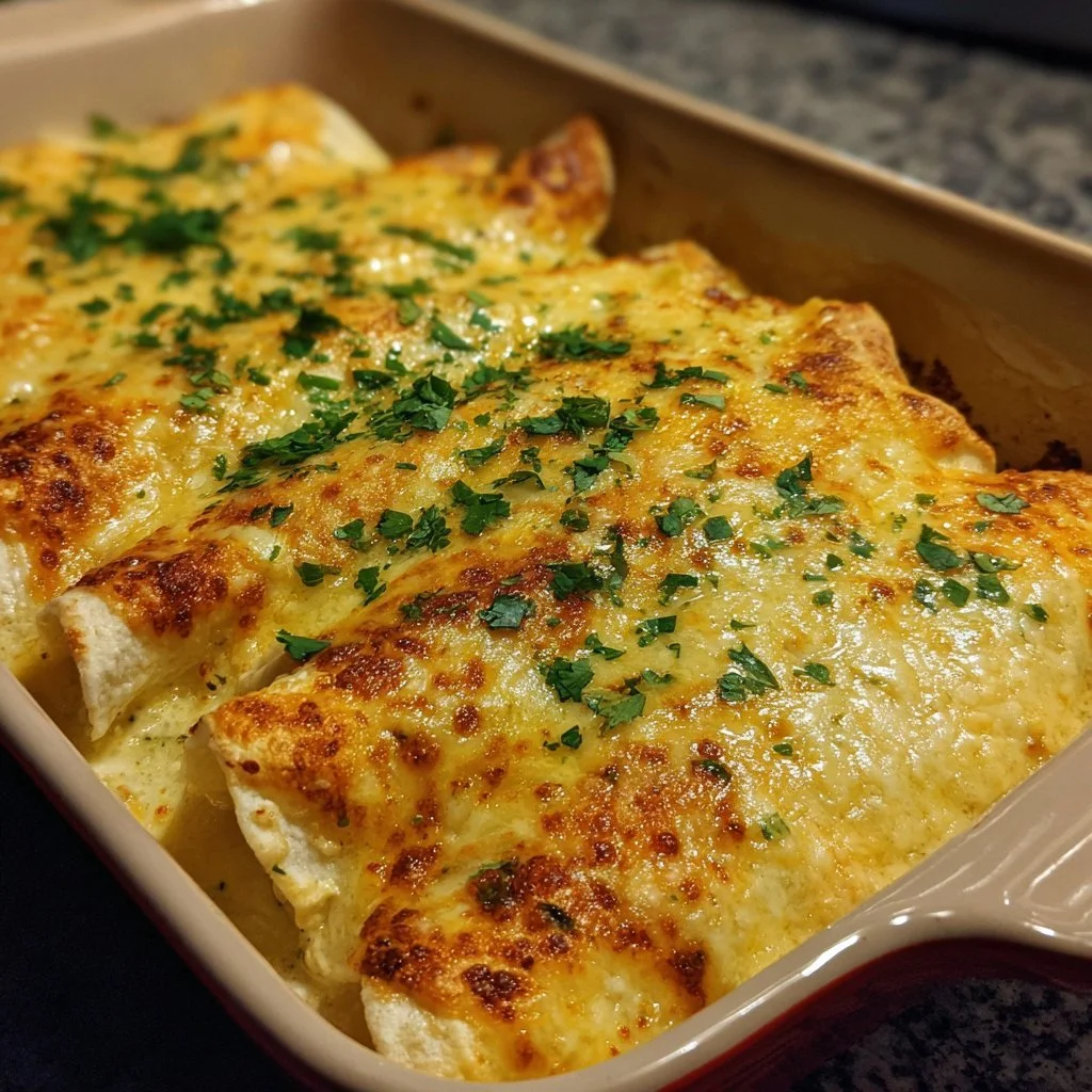 Delicious creamy white chicken enchiladas topped with melted cheese and green onions.