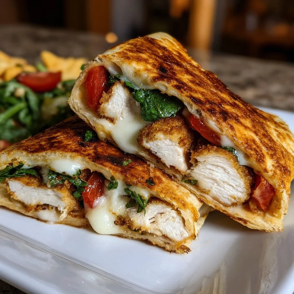 Crispy air fryer chicken and mozzarella wraps on a wooden plate