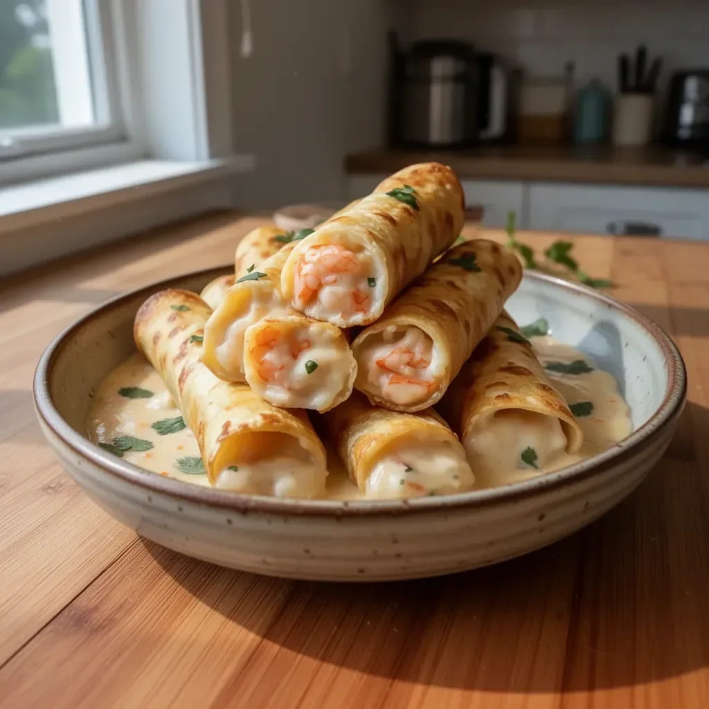 Deliciously crispy Crab and Shrimp Queso Taquitos served on a plate.