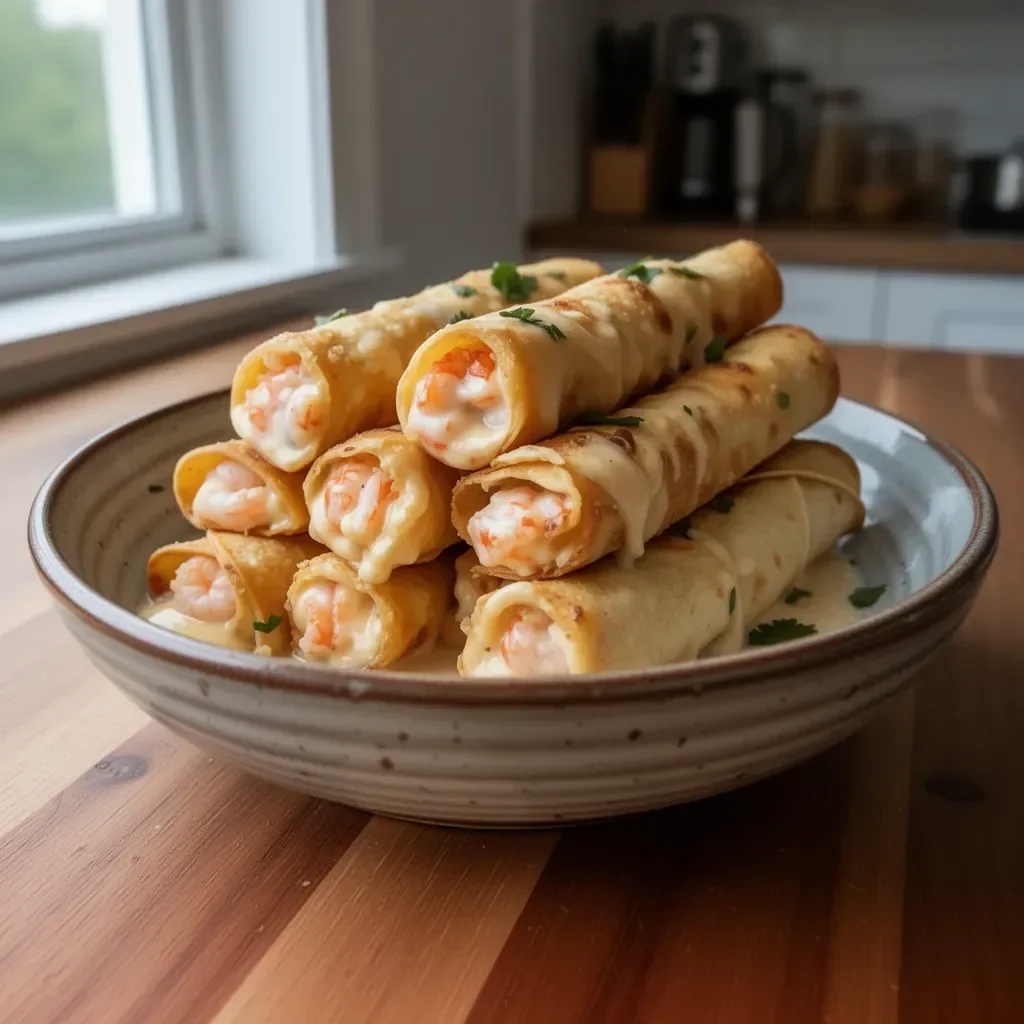 Crispy crab and shrimp queso taquitos on a plate with dipping sauce.