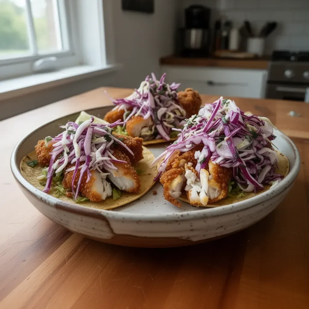 Delicious crispy fish tacos served with fresh toppings and sauces