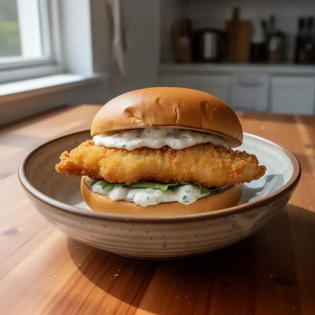 Crispy fried cod fish sandwich served with fresh toppings and sauce