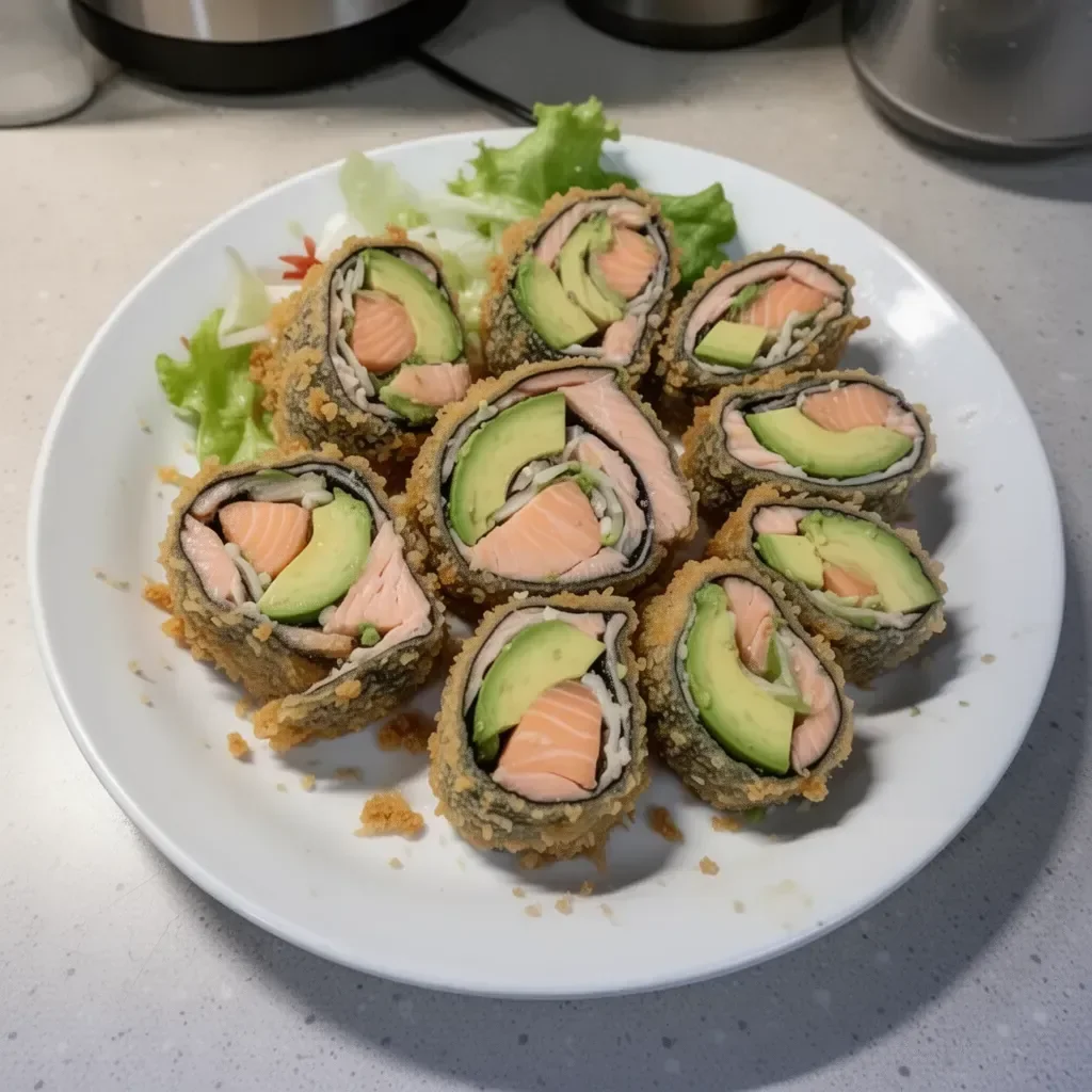 Crispy fried salmon and avocado rolls on a plate, ready to be enjoyed.