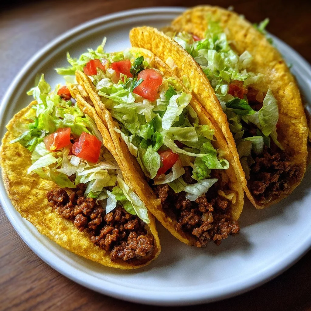 Delicious crispy ground beef tacos garnished with fresh toppings.
