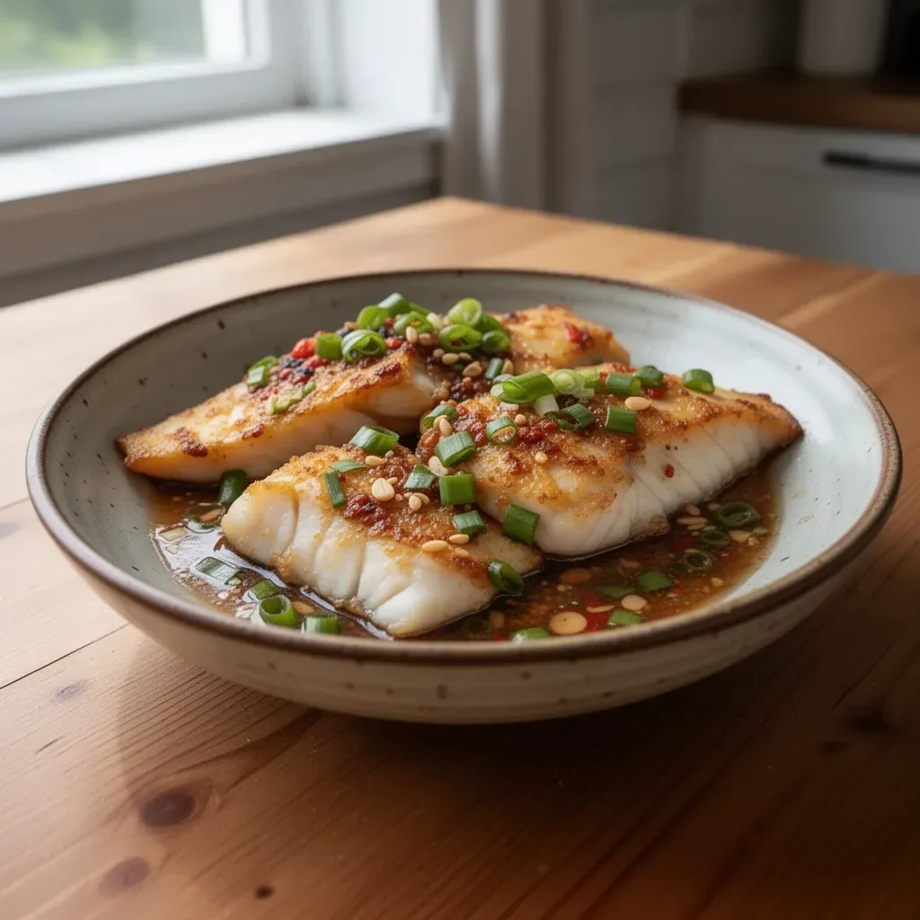 Crispy pan-fried fish fillets topped with ginger scallion sauce on a plate