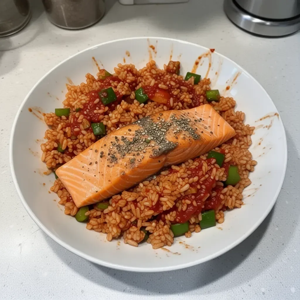 Plate of crispy rice topped with spicy salmon and garnished with green onions.