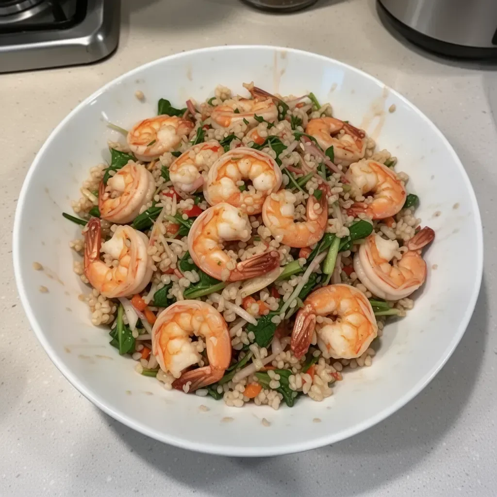 Crispy rice topped with spicy shrimp salad, showcasing vibrant colors and textures.