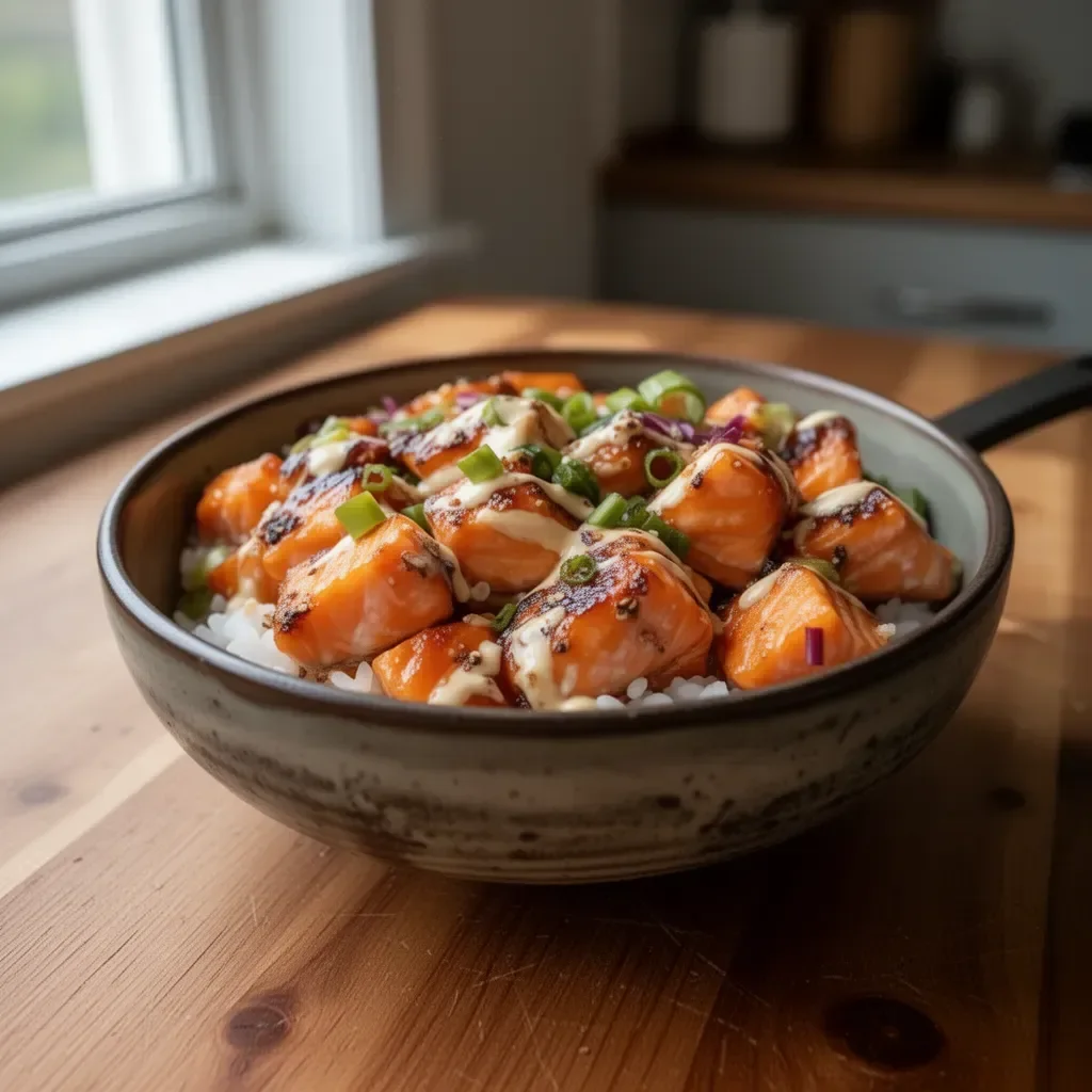 Crispy salmon rice bowl with vegetables and garnish