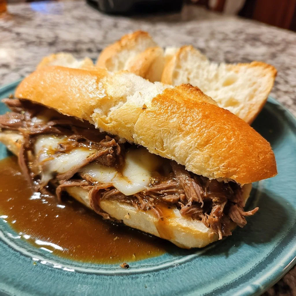 Crockpot French dip sandwiches served with au jus for dipping