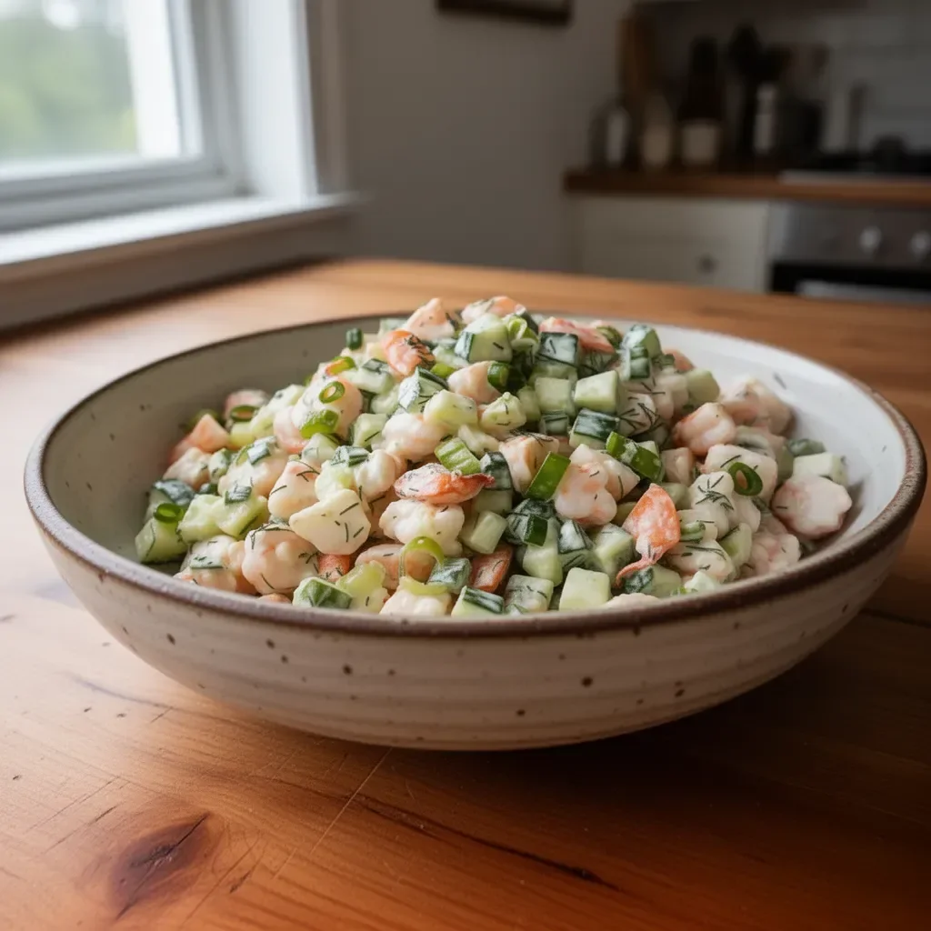 Delicious Cucumber Shrimp Salad served in a bowl with fresh ingredients.
