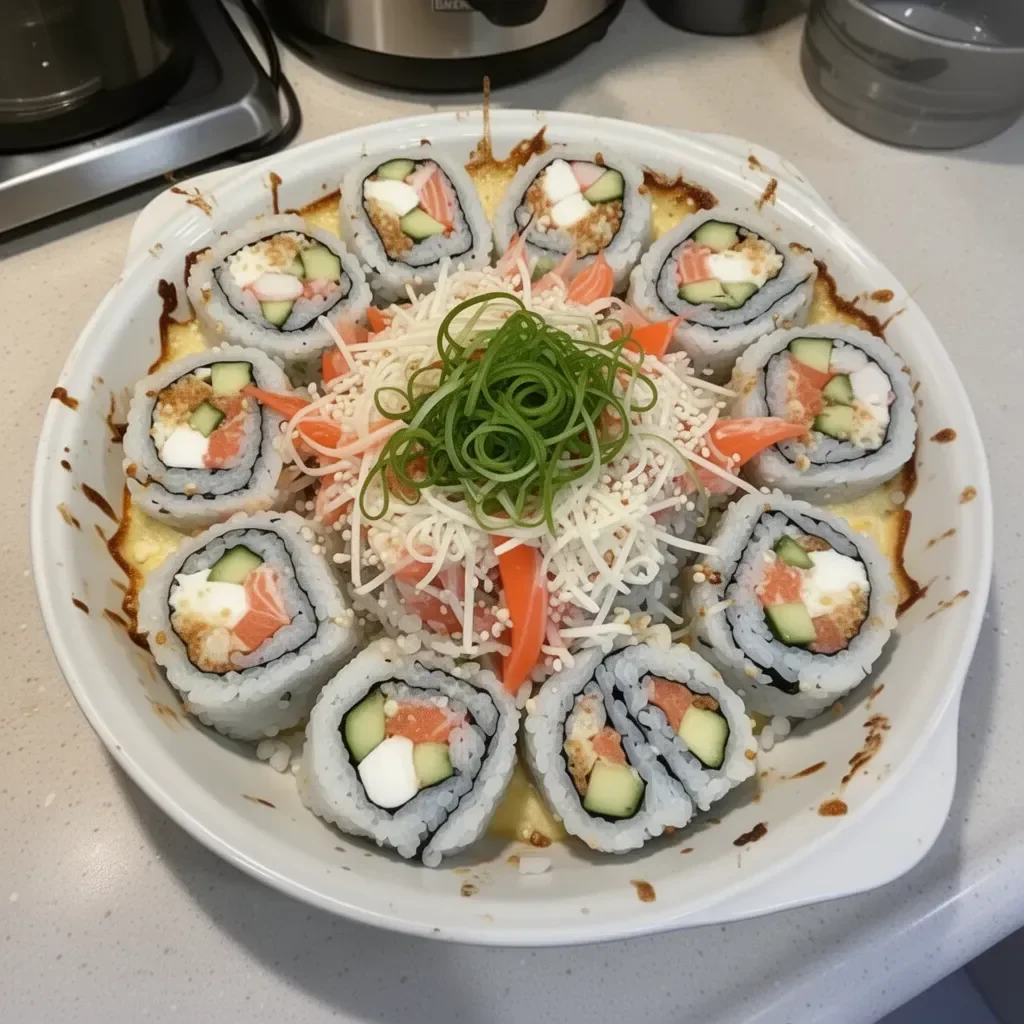 Deconstructed California Roll Sushi Bake topped with sushi ingredients