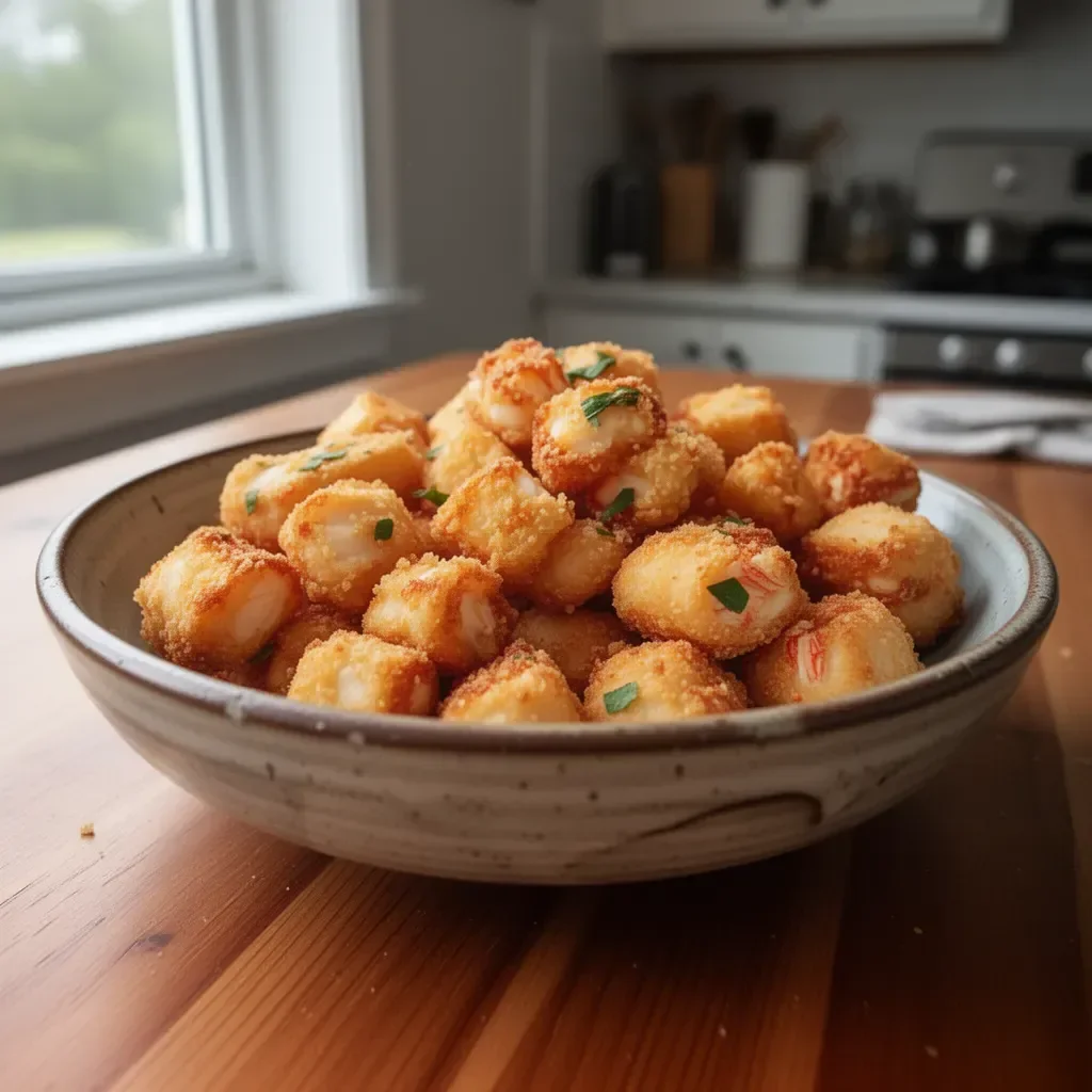 A plate of delicious crab crunchies, bite-sized snacks perfect for any gathering.