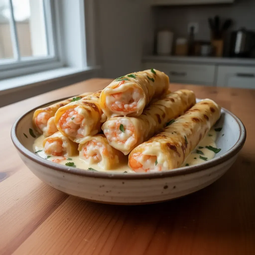 Delicious Crab Shrimp Queso Rolls served with cheese dip