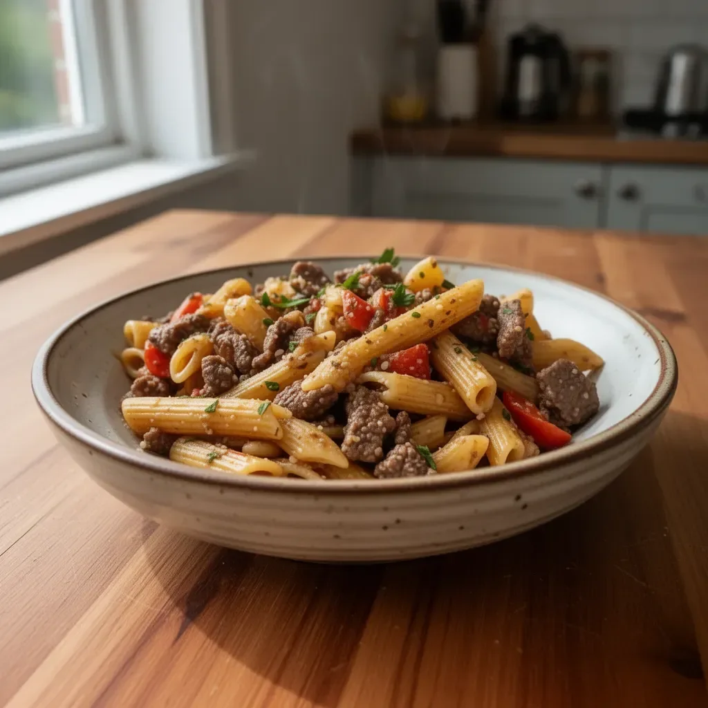 A bowl of delicious garlic beef pasta garnished with parsley