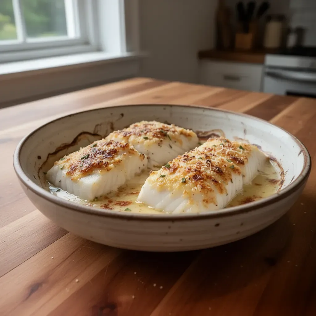 Delicious Garlic Parmesan Baked Halibut served with lemon wedges