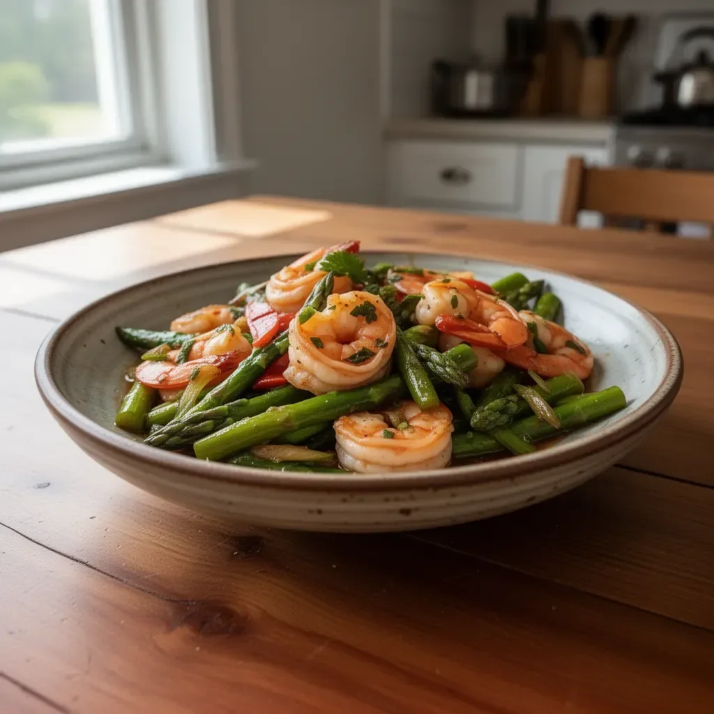 Healthy shrimp stir fry with fresh asparagus in a vibrant dish