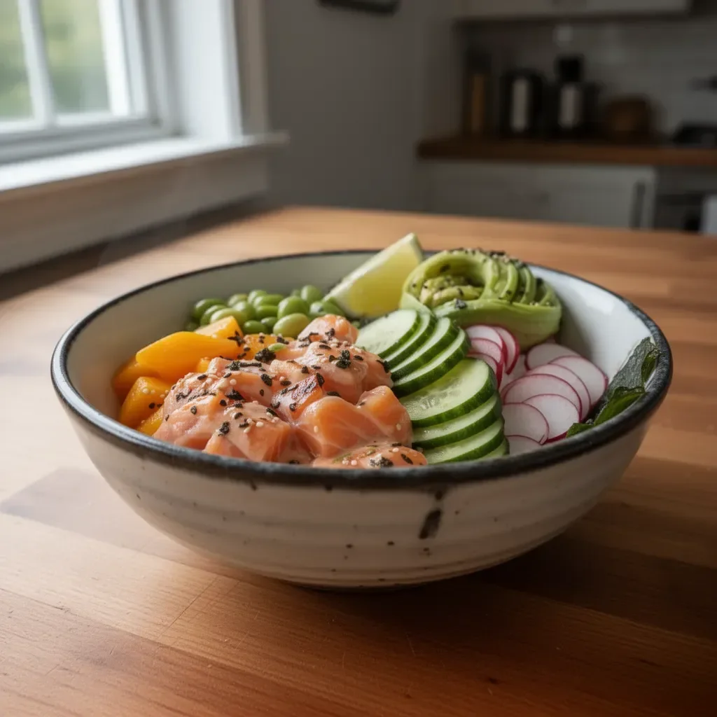 Easy spicy salmon poke bowl with fresh ingredients and vibrant toppings
