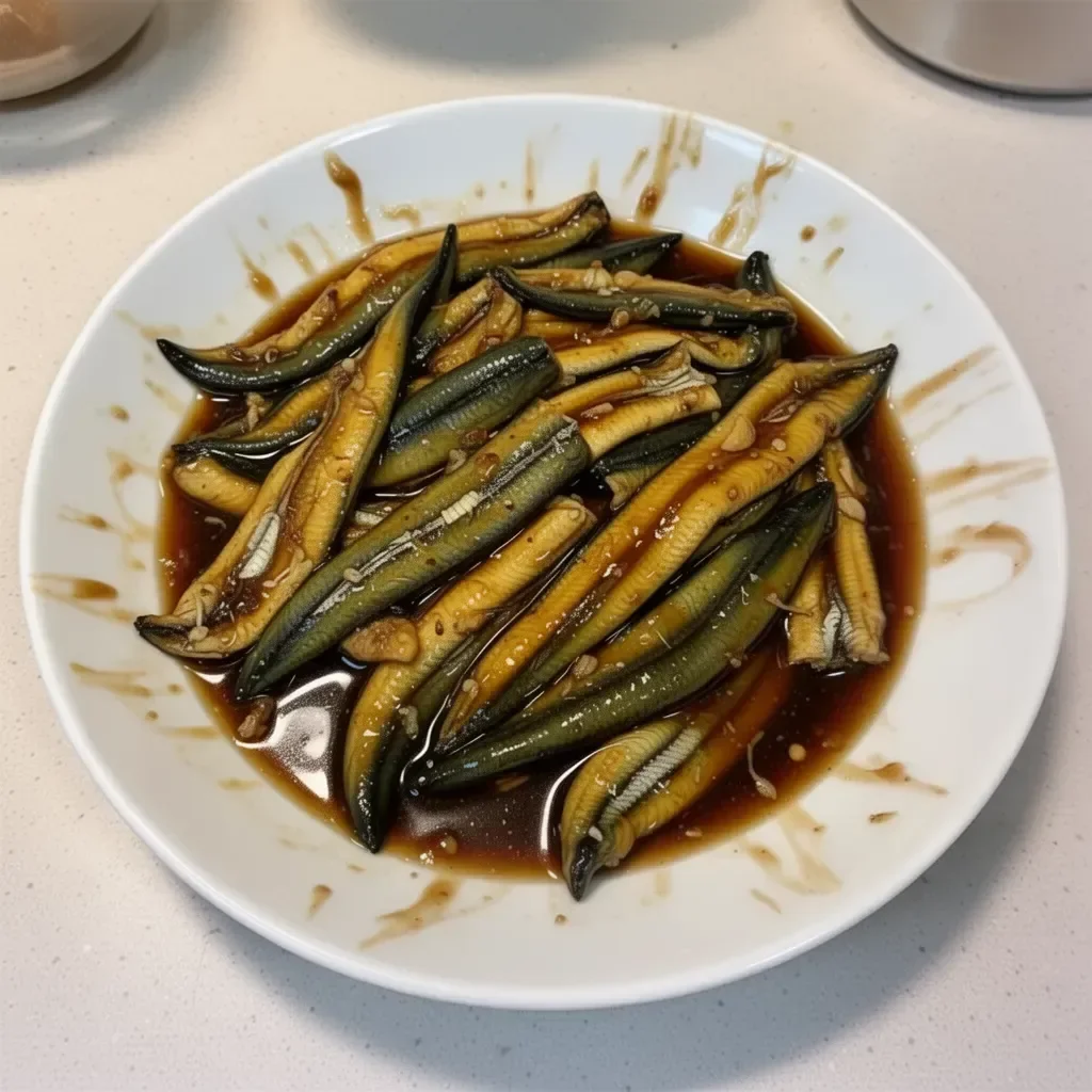 A bottle of eel sauce with sushi rolls on a plate