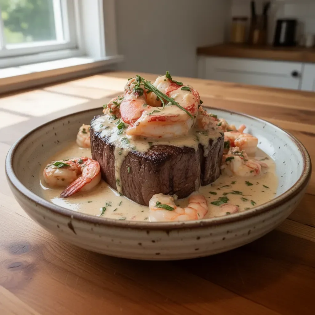 Filet Mignon with shrimp and lobster cream sauce served on a plate