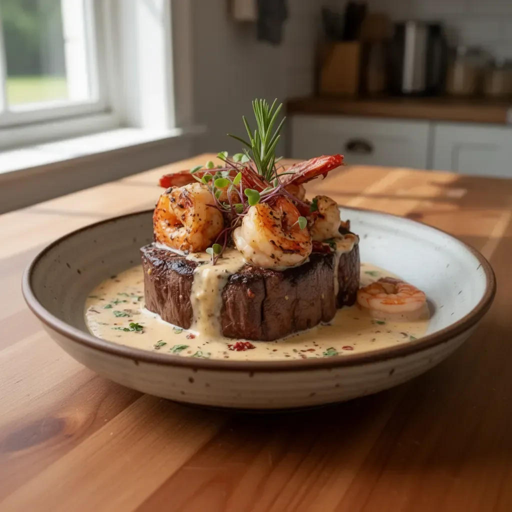 Filet mignon topped with shrimp and a luxurious lobster cream sauce