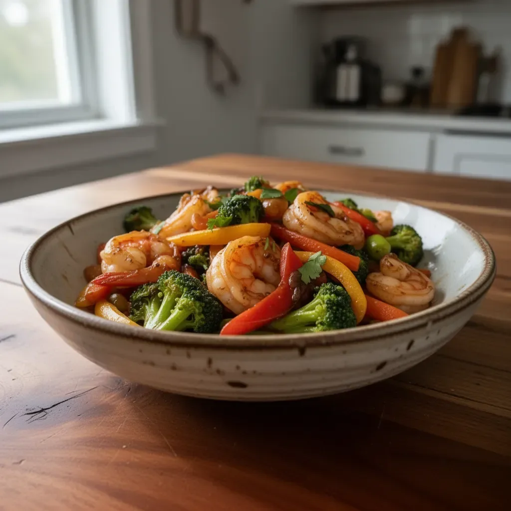 Flavorful shrimp vegetable stir fry with colorful veggies in a wok