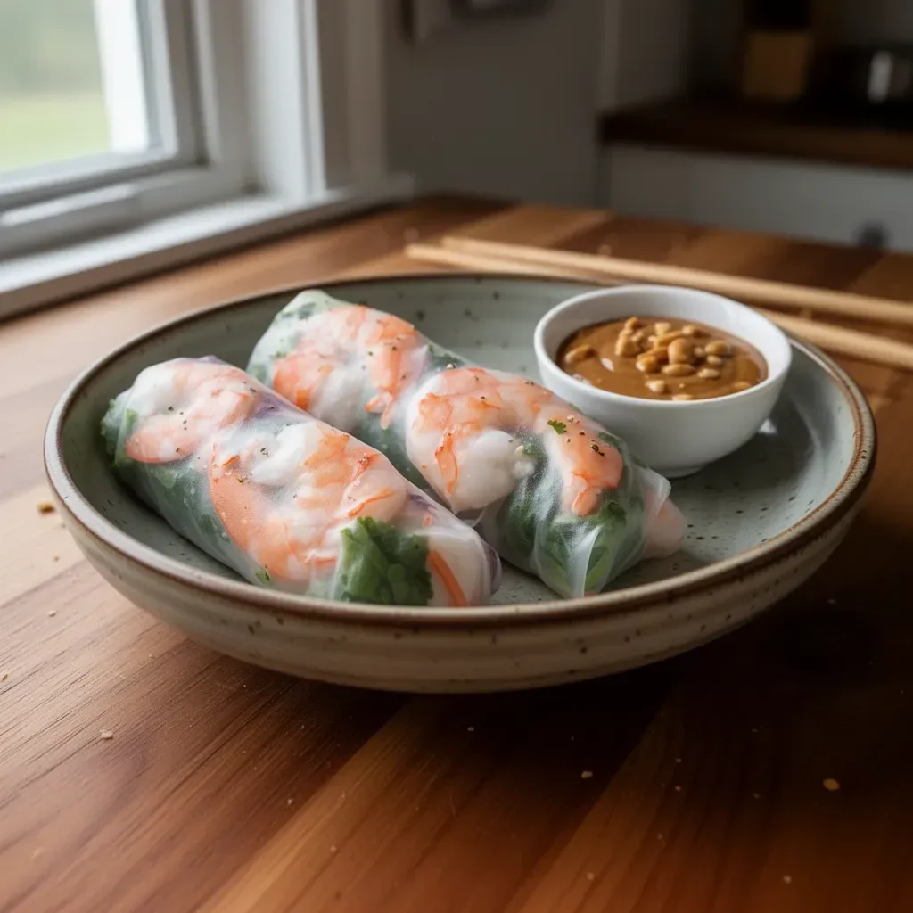 Fresh shrimp spring rolls served with peanut dipping sauce on a plate.