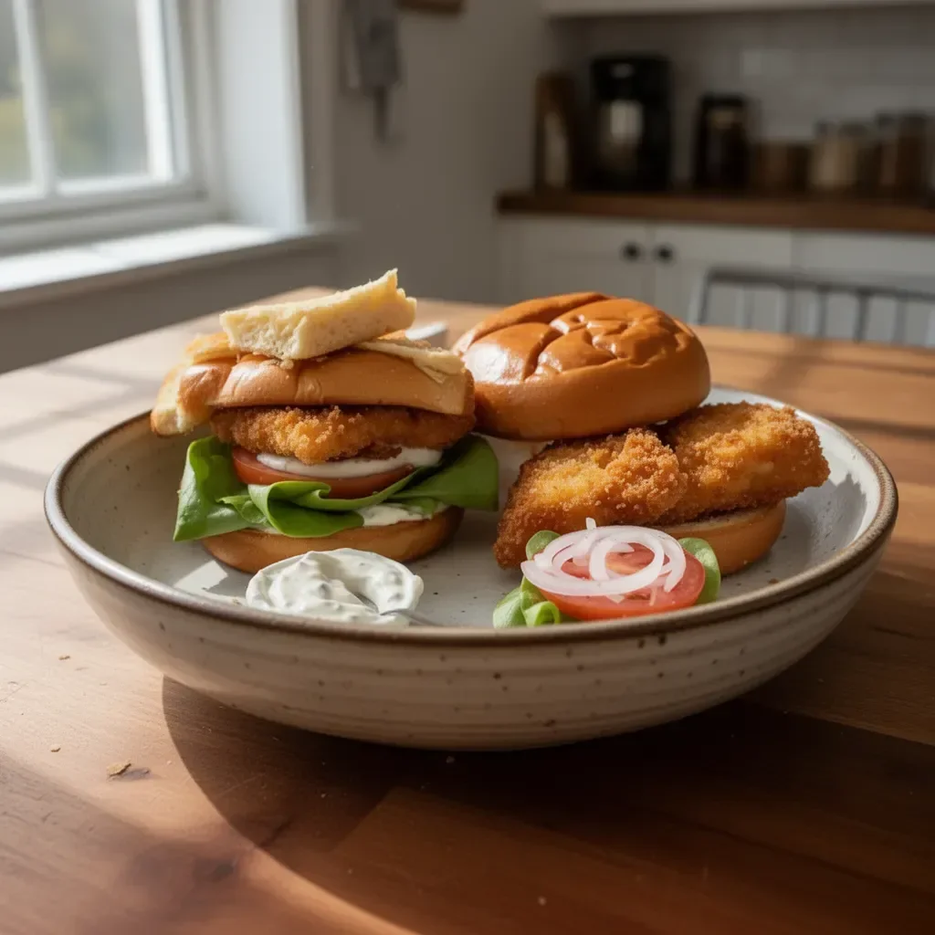 Delicious fried fish sandwich served with lettuce and tartar sauce
