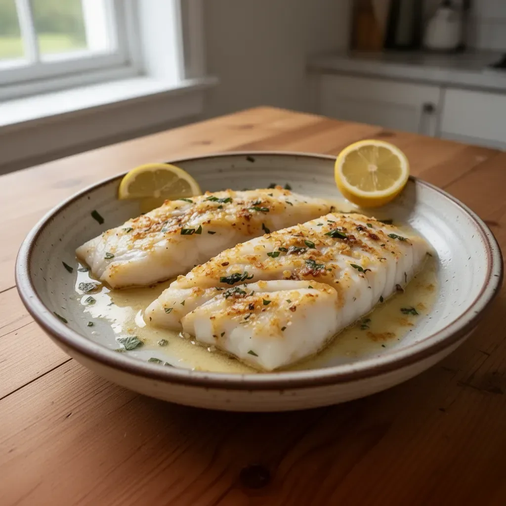 Baked cod fillet topped with garlic butter and herbs on a plate