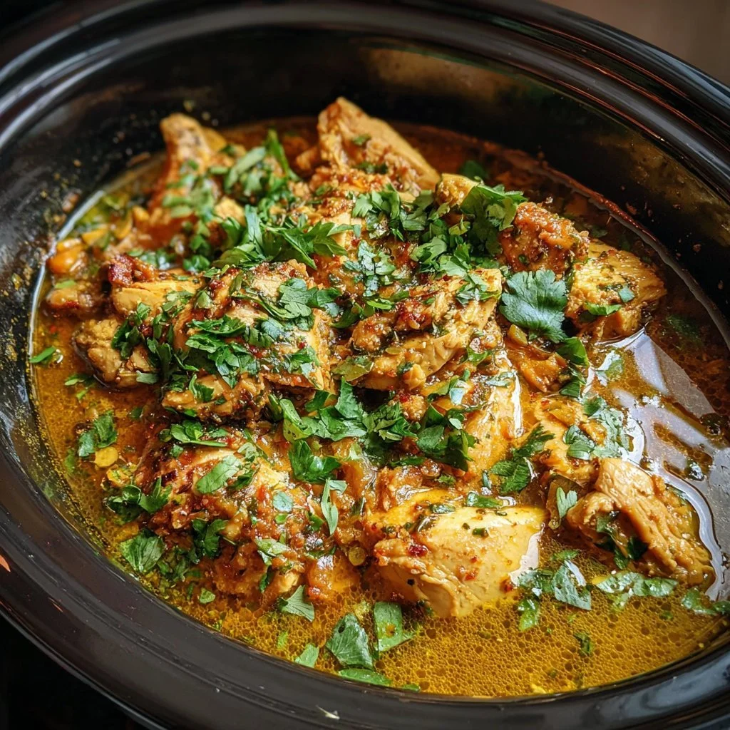 Delicious Garlic Butter Chicken cooked in a crockpot with herbs and spices