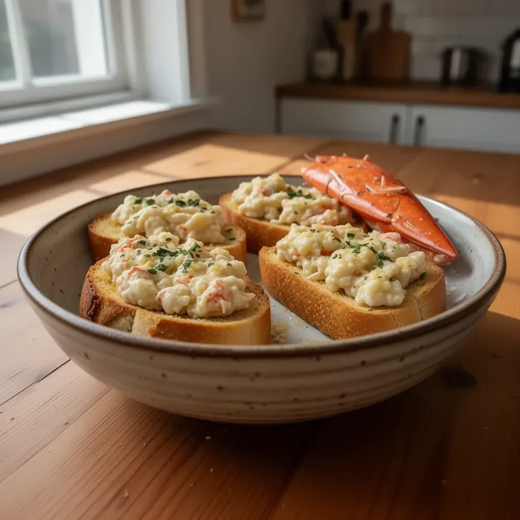 Garlic Butter Crab Toasts topped with crab meat and herbs on a rustic serving platter.