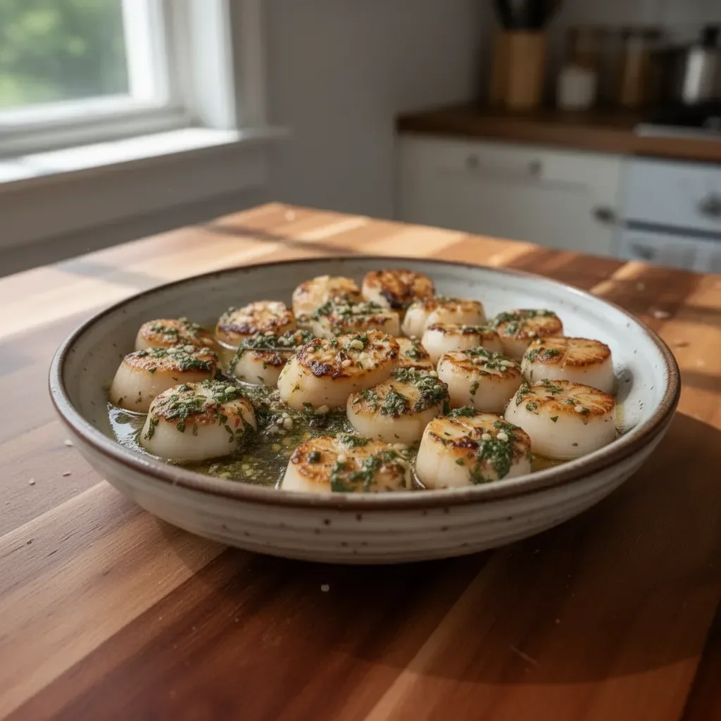 Plate of garlic butter scallops garnished with herbs