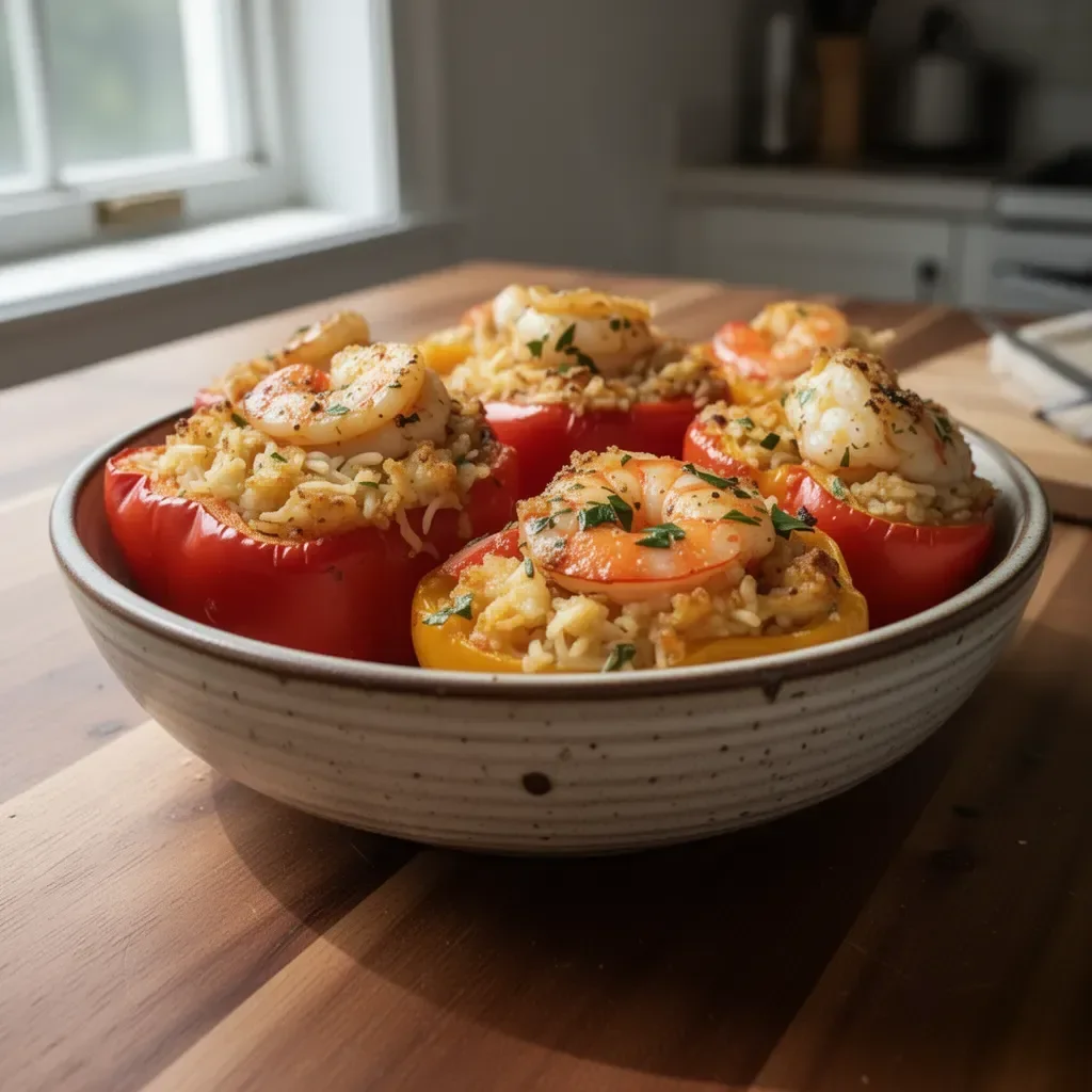 Garlic Butter Shrimp Stuffed Peppers ready to be served