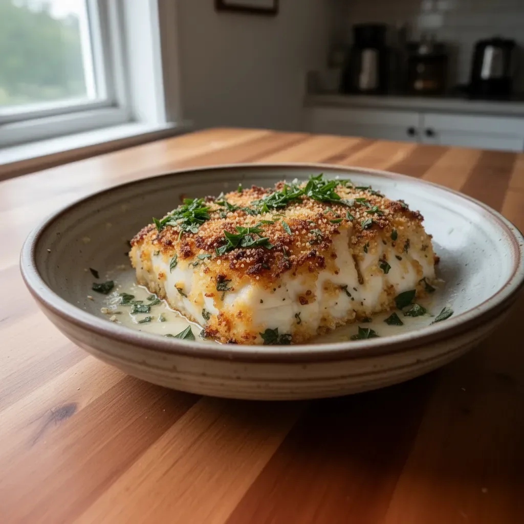 Garlic Parmesan Crusted Halibut with fresh herbs on a plate