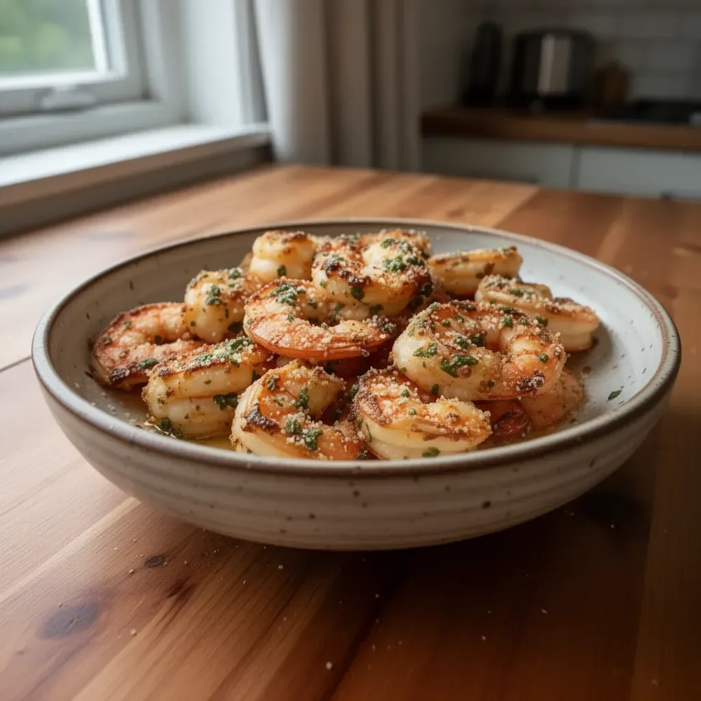 Plate of Garlic Parmesan Roasted Shrimp garnished with parsley