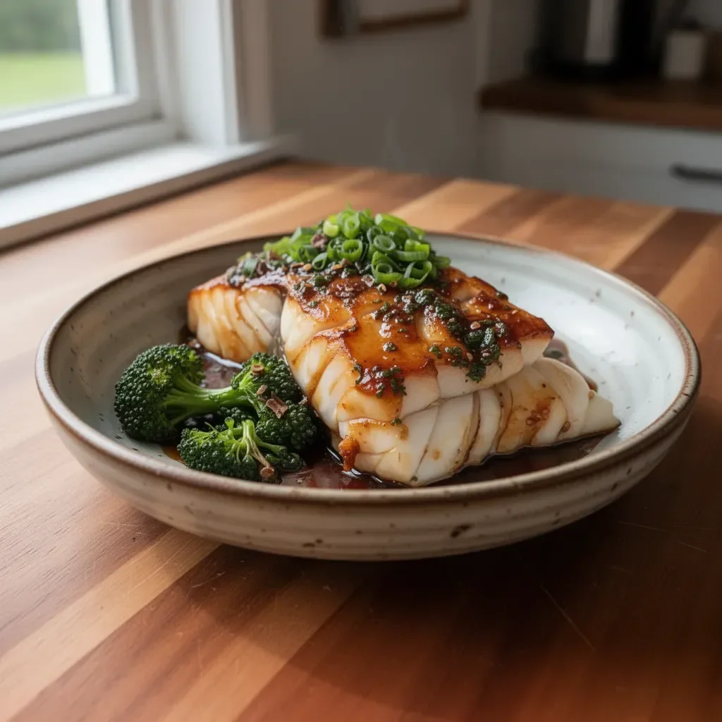 Pan-seared Ginger Soy Glazed Cod fillet garnished with herbs