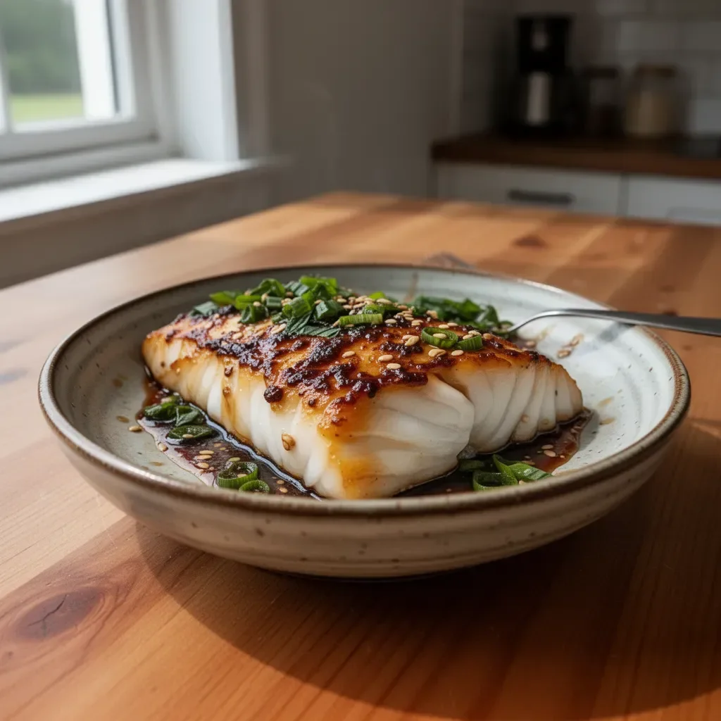 Ginger Soy Glazed Cod served with fresh vegetables and garnished with herbs
