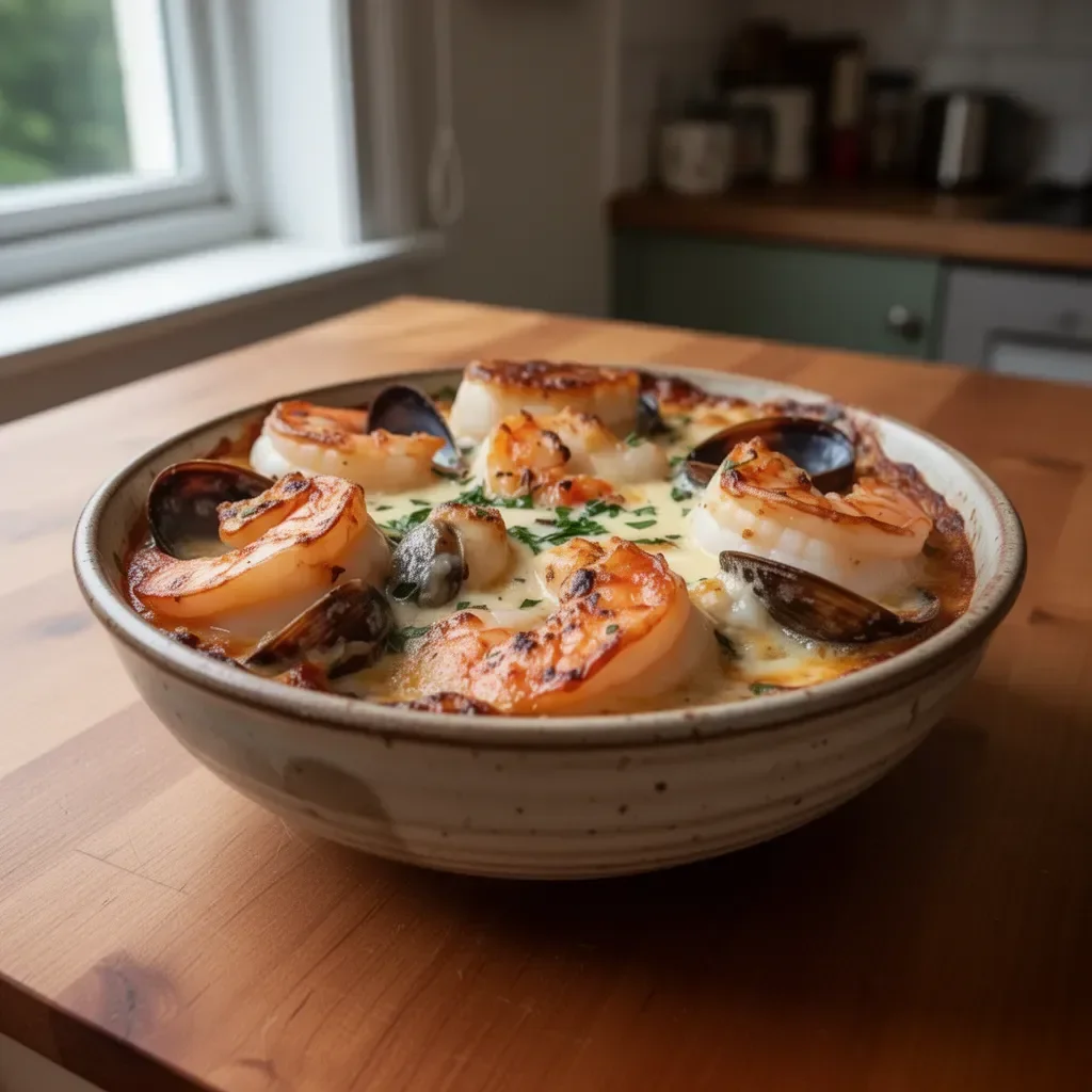 Gourmet Seafood Cassolette with shrimp, scallops, and creamy sauce