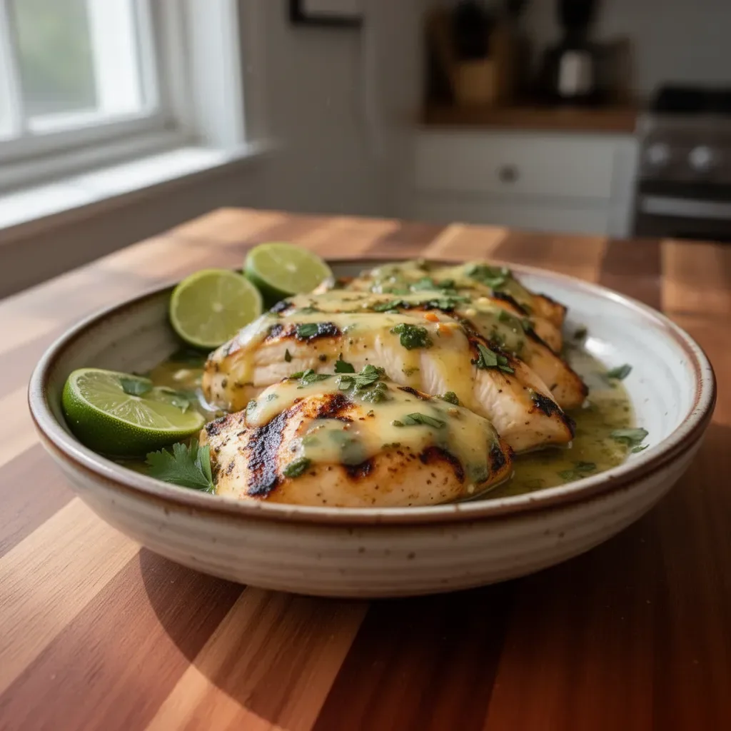 Grilled Salsa Verde Chicken with pepper jack cheese on a plate