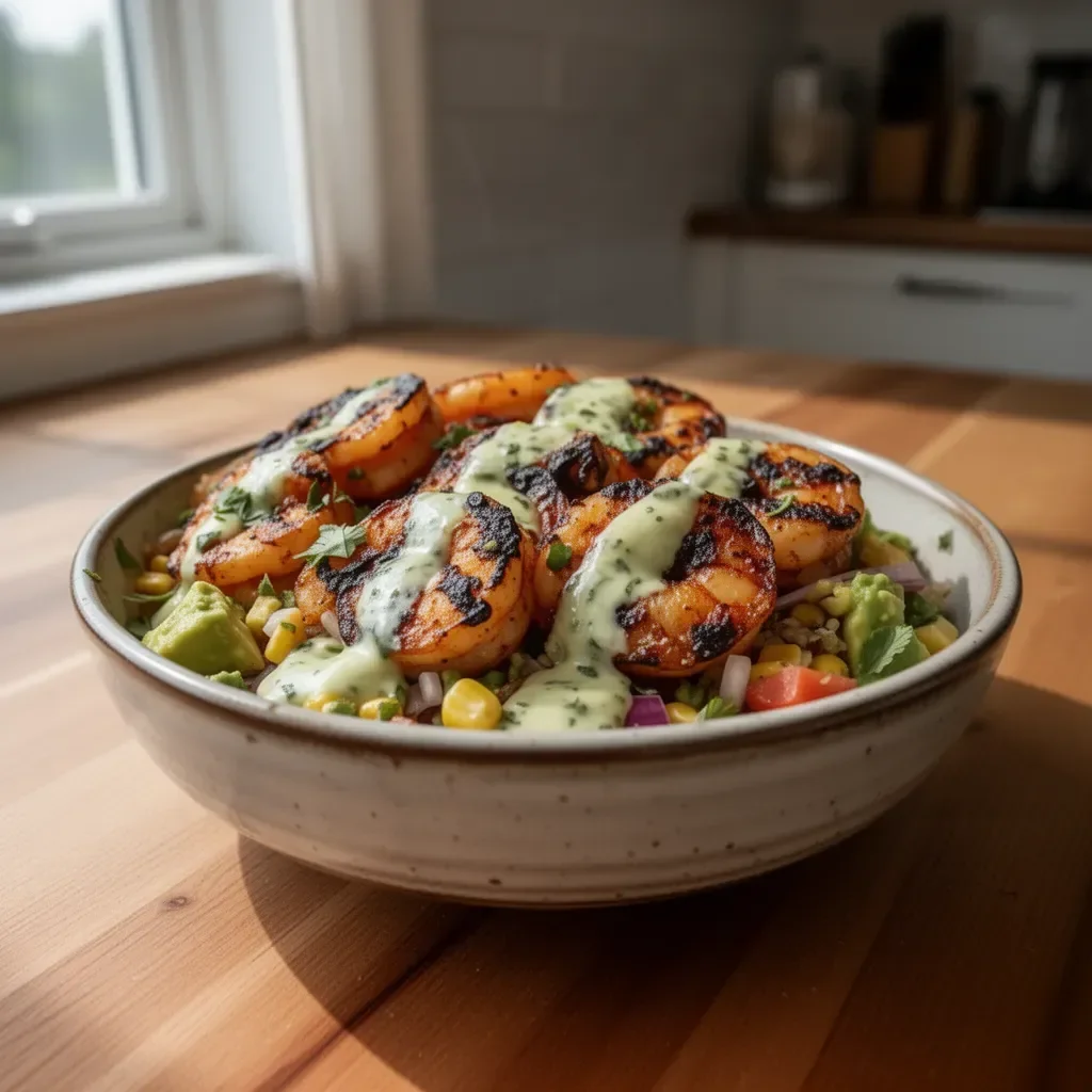 Delicious grilled shrimp bowl with avocado, corn salsa, and creamy garlic sauce