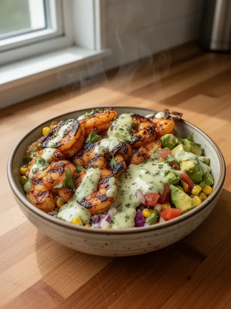 Grilled Shrimp Bowl with Avocado, Corn Salsa & Creamy Garlic Sauce
