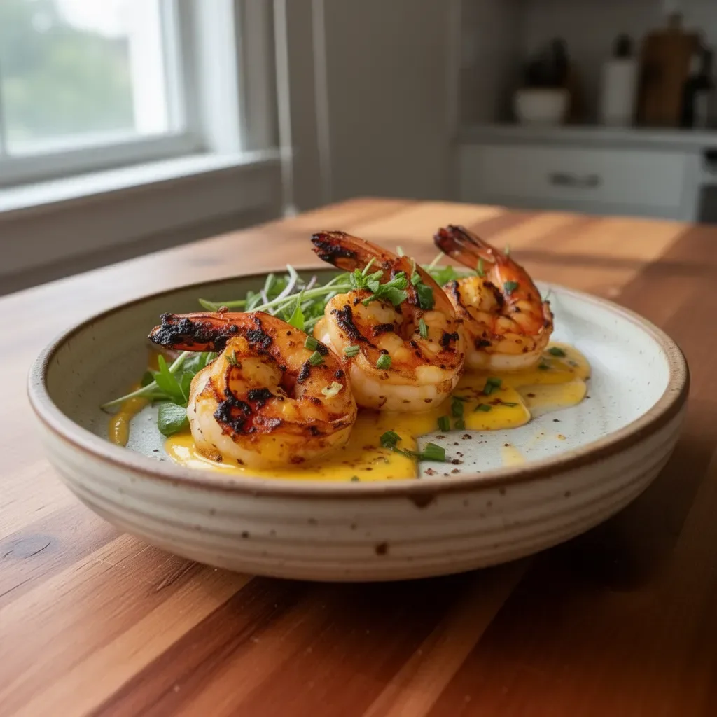 Grilled shrimp served with mango lime sauce on a plate