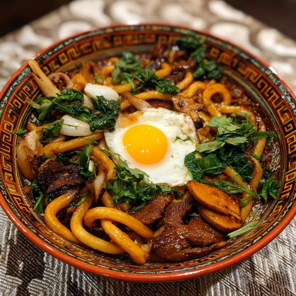 Plate of grilled udon noodles garnished with vegetables and herbs