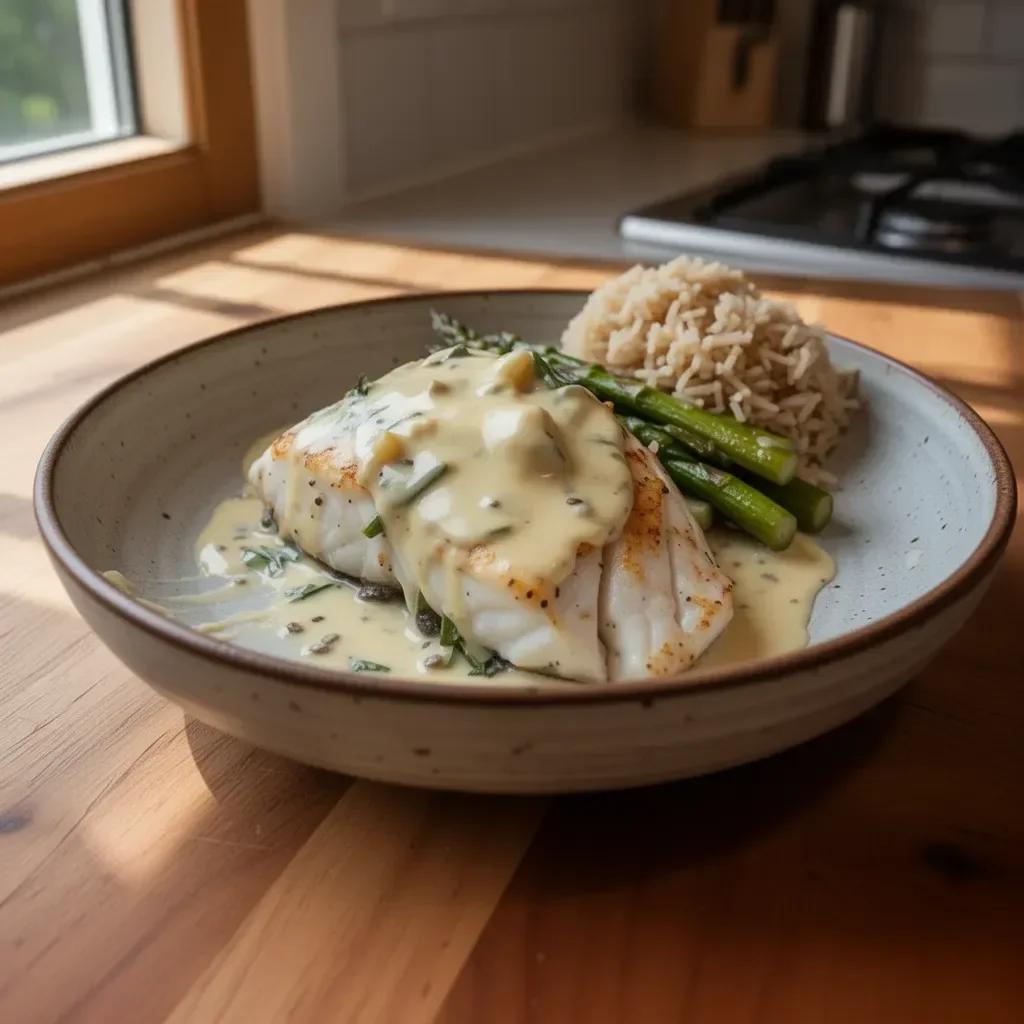 Plate of Halibut Oscar garnished with crab and hollandaise sauce
