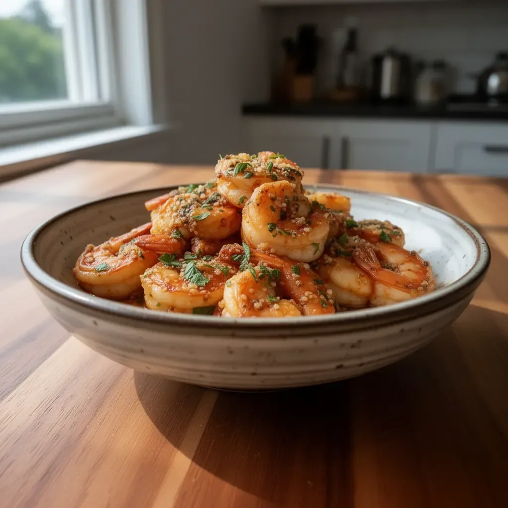 Plate of Hawaiian garlic shrimp with herbs and spices