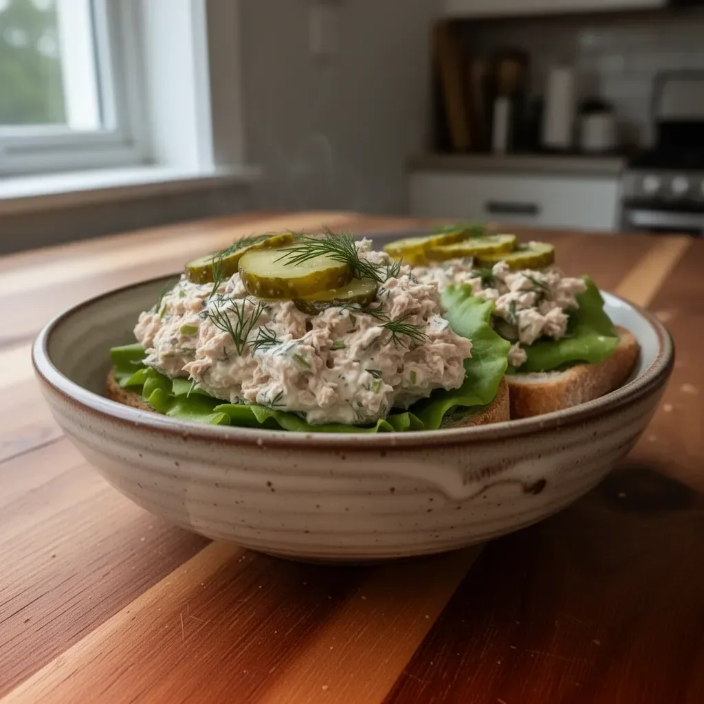 Healthy Greek Yogurt Dill Pickle Tuna Salad with fresh ingredients and spices