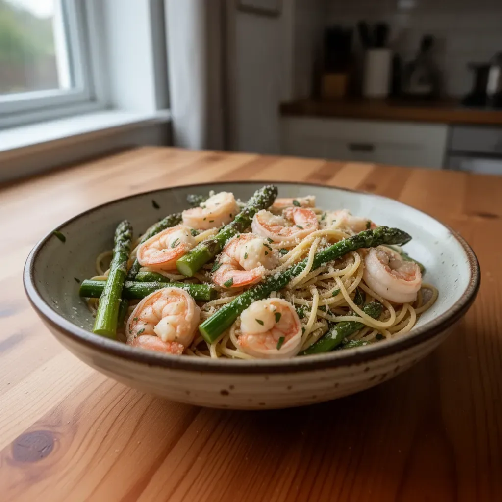 Healthy shrimp and asparagus pasta dish served on a plate.