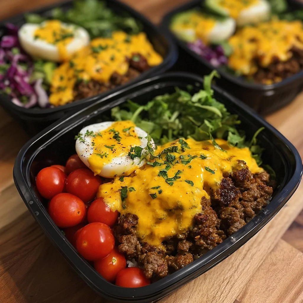 Delicious high-protein cheeseburger bowls with fresh ingredients and savory toppings