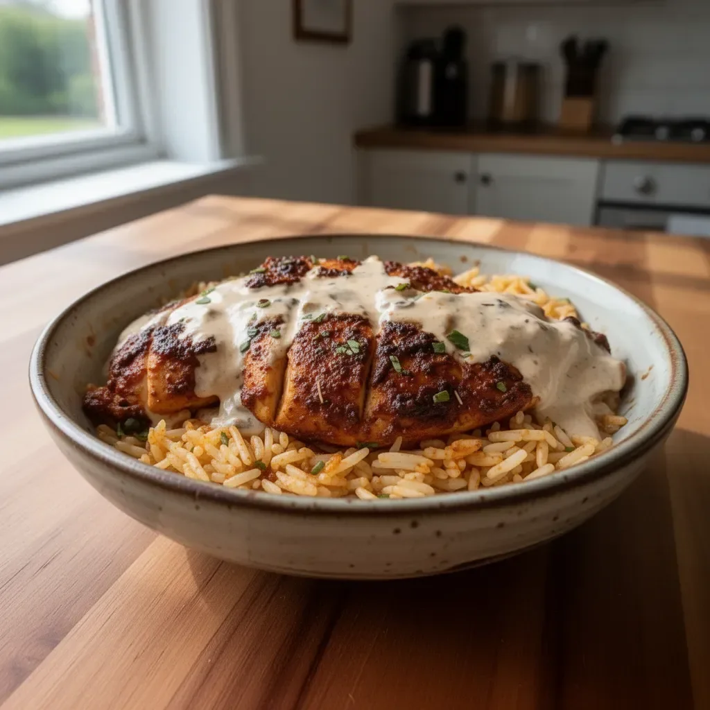 High Protein Creamy Cajun Chicken served on a plate with rice and spices